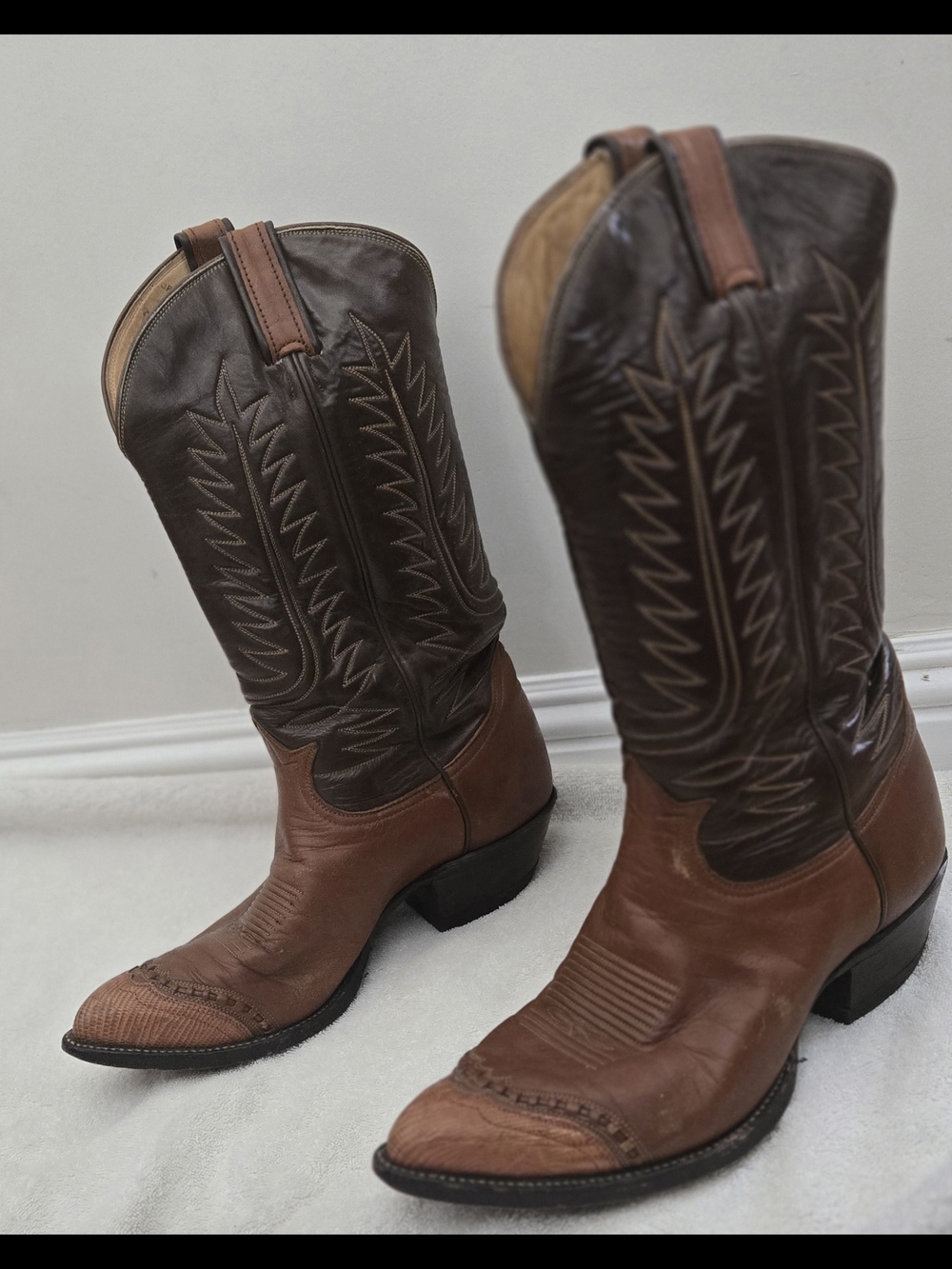 Men's Tony LLama Two-Tone Brown Lizard Wingtip Leather Cowboy Boots